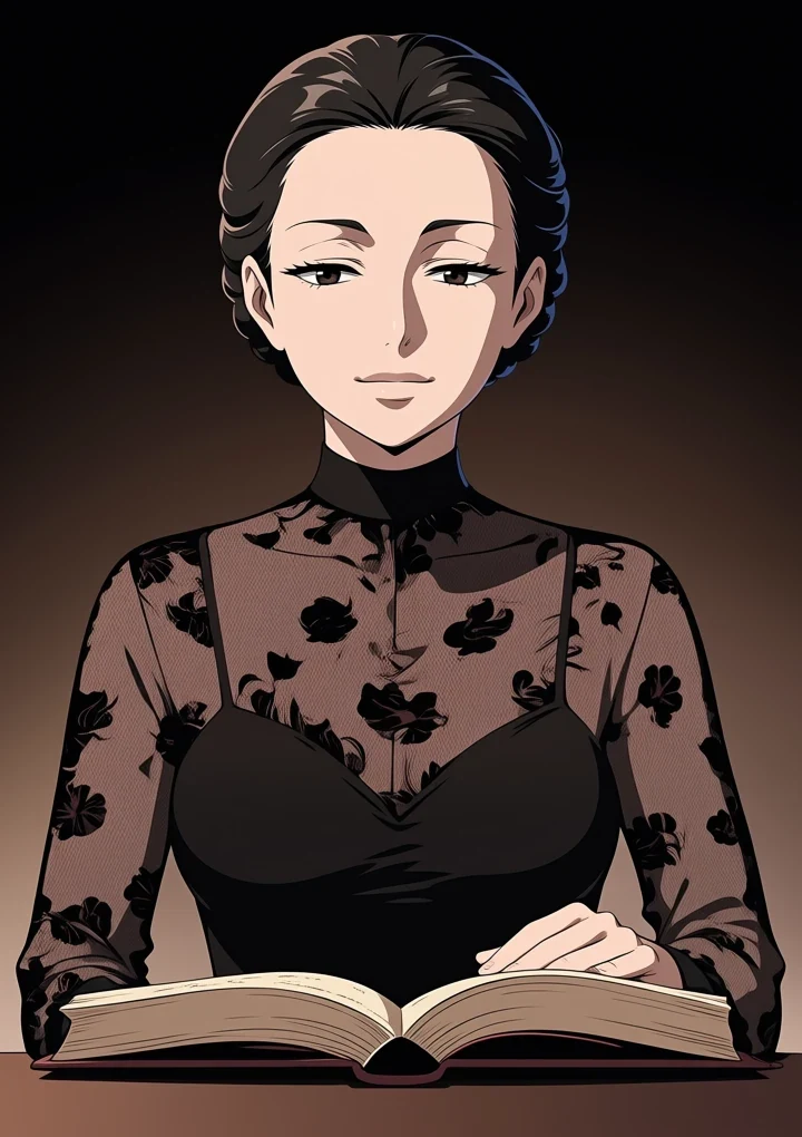 Adult gothic anime character reading, illustrating the creator guide library