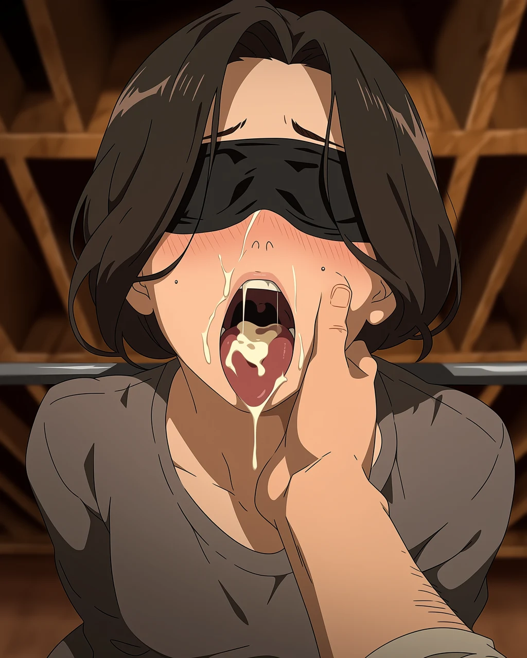 Anime character blindfolded screaming as hand forces heart into mouth