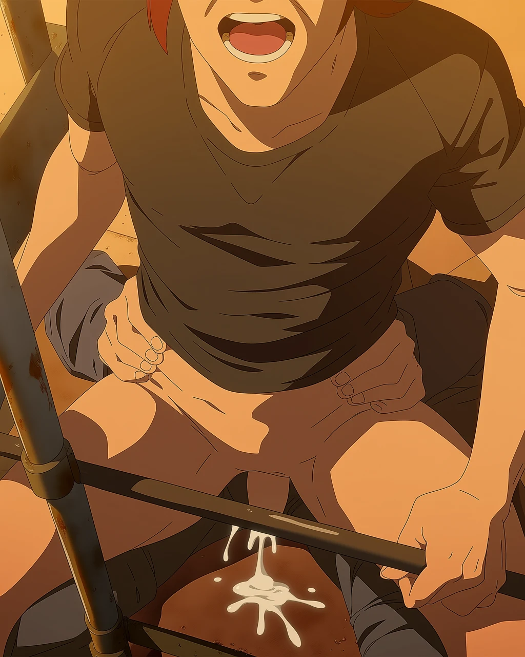 Anime character screaming while holding a metal rod dripping white