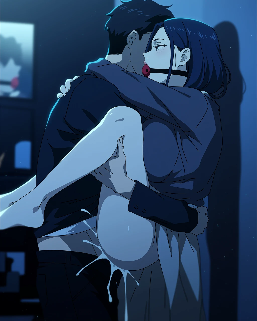 An anime couple embracing intimately in a dimly lit room at night