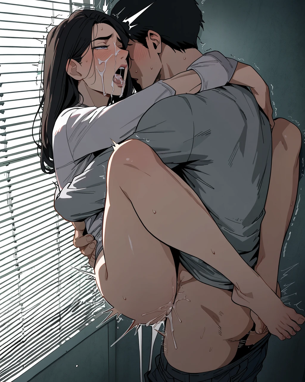 An anime woman crying with saliva dripping while being held from behind
