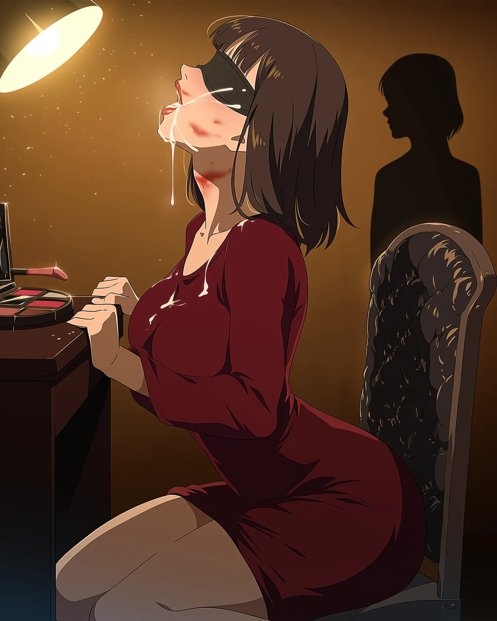 Blindfolded anime woman in red dress dripping white liquid at vanity