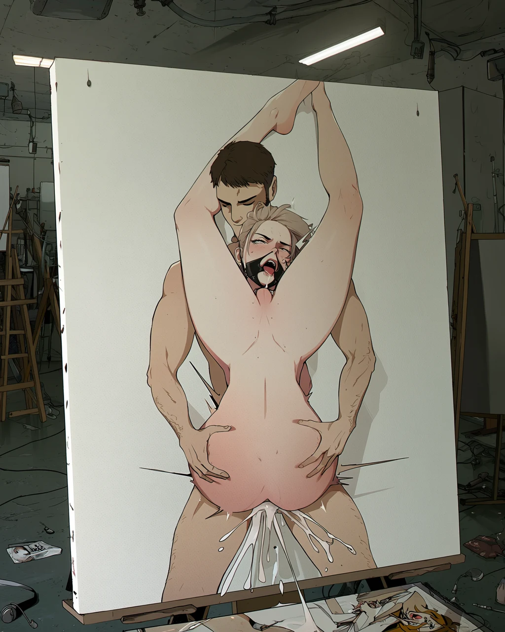 A large canvas in a messy studio shows a graphic anime-style painting