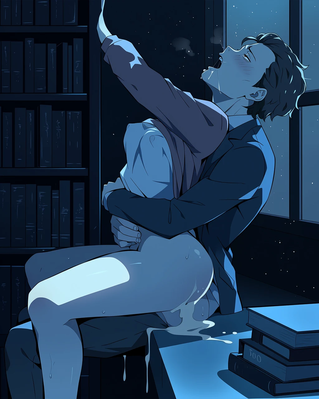 A man in a suit sits in a dark blue library holding a glowing object