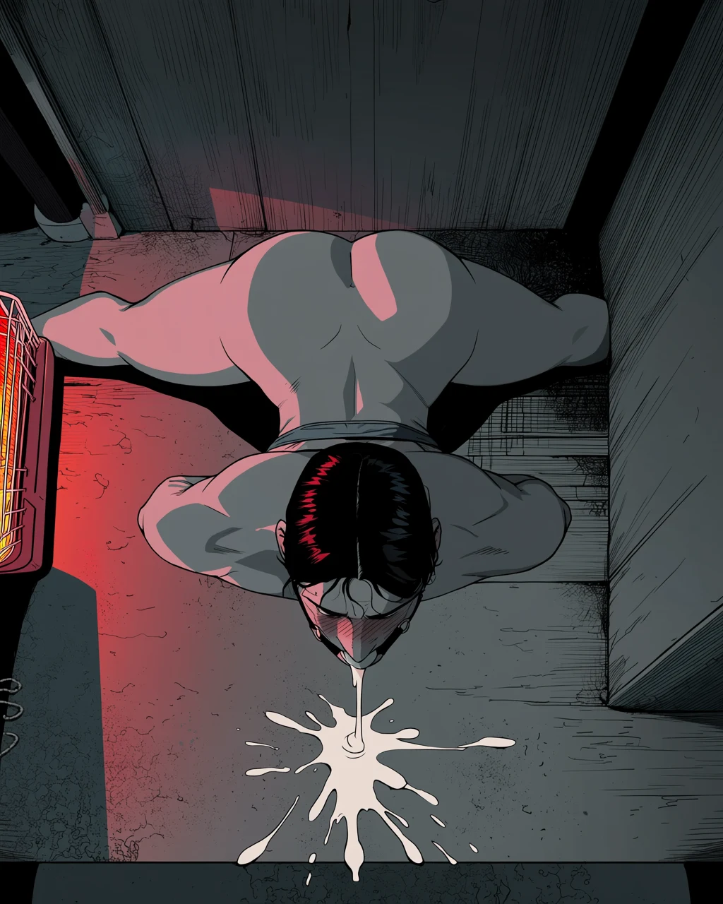 A masked muscular person lying on a red-lit floor with white liquid