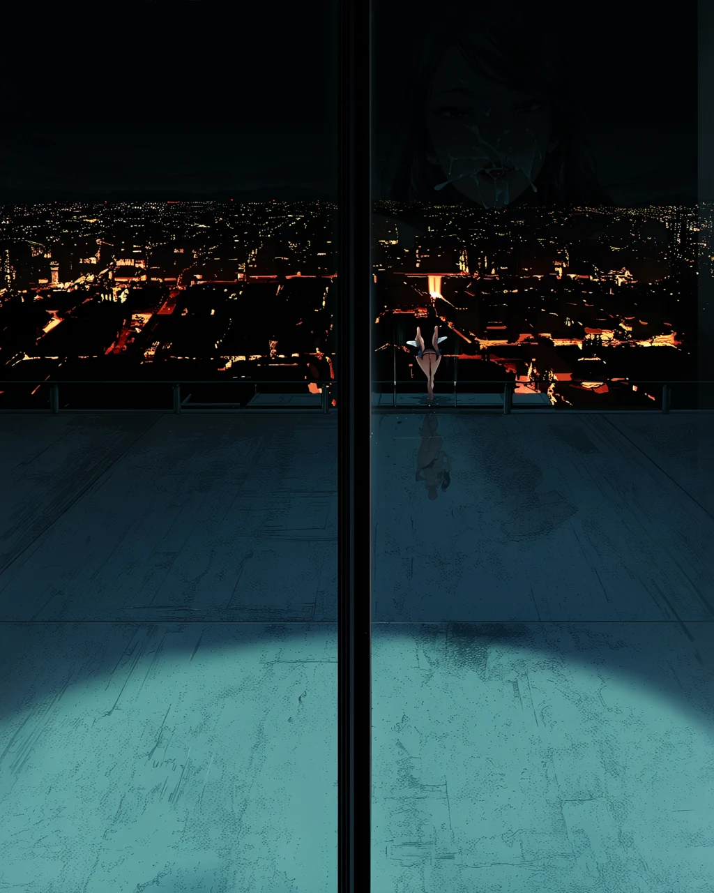 A person stands on a rooftop at night looking out over a glowing