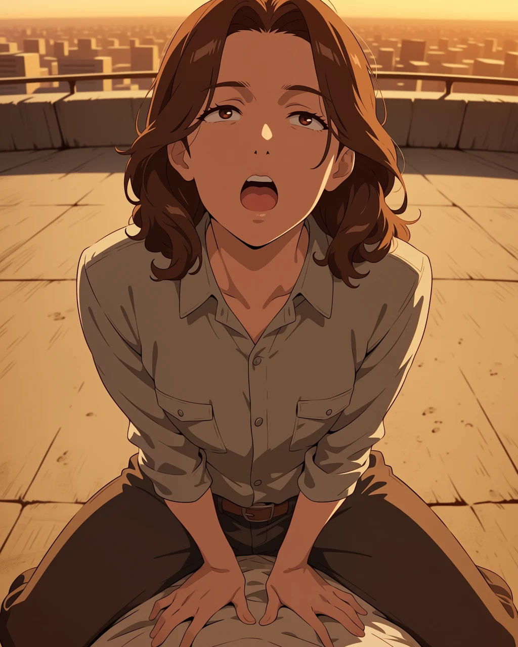 A surprised anime woman sitting on a rooftop at sunset overlooking