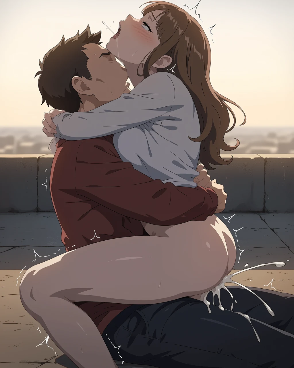 Two anime characters passionately embracing on a rooftop during sunset