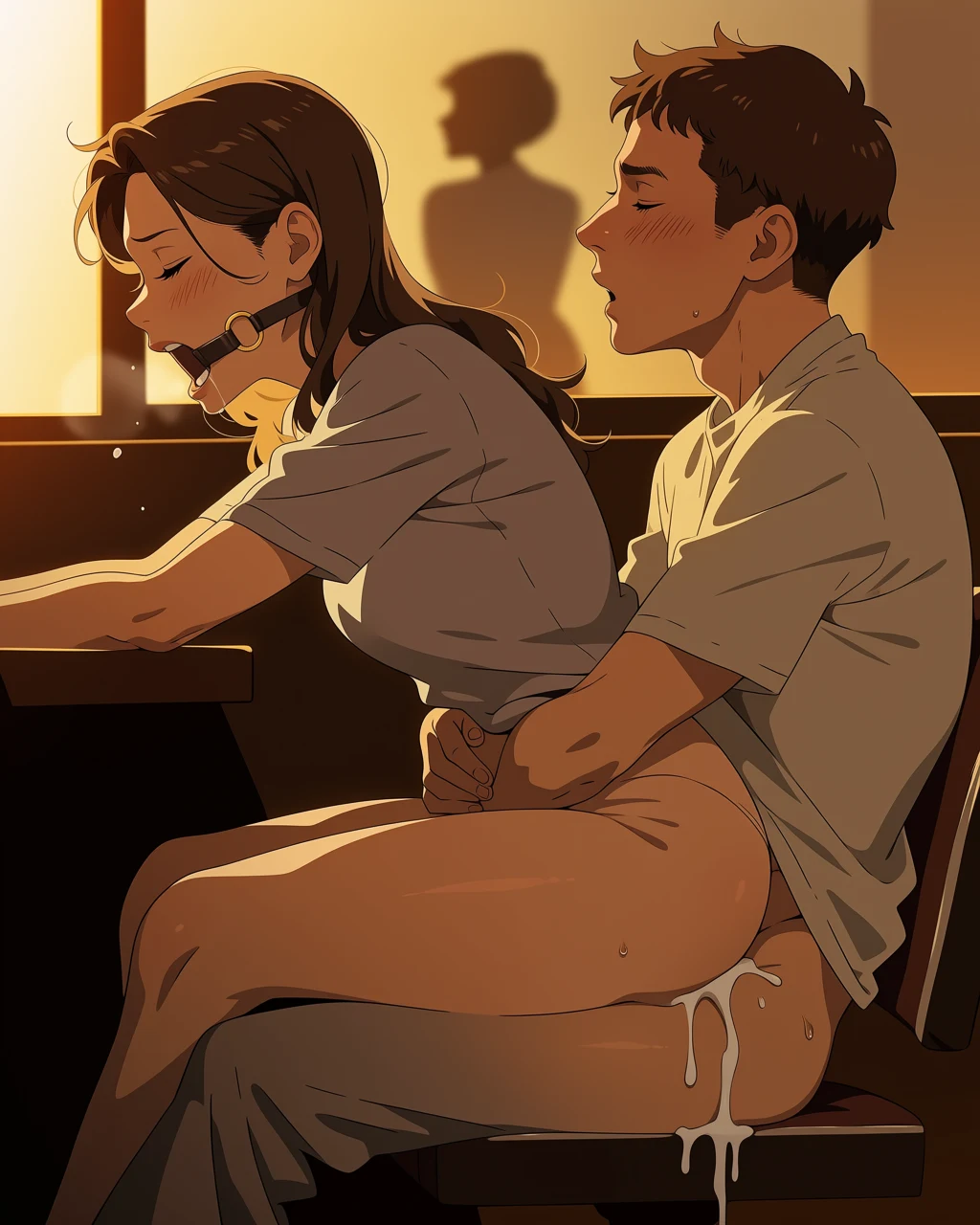 Two anime characters sitting together one with muzzle drooling the other